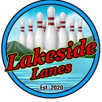 A logo for Lakeside Lanes including bowling pins and a lake.