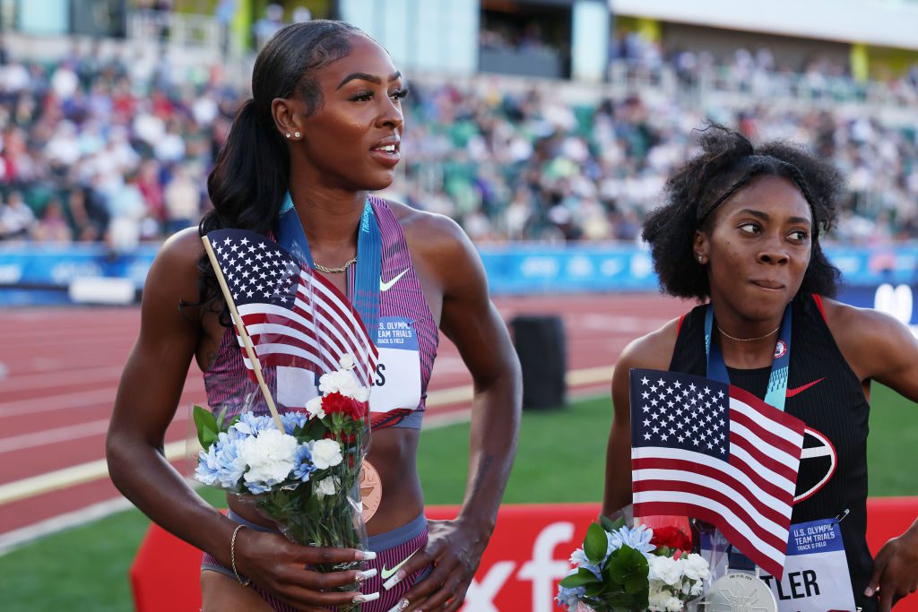 EUGENE, OREGON - JUNE 23: Alexis Holmes and Aaliyah Butler pose with their medals after competing in the women's 400 meter final on Day Three 2024 U.S. Olympic Team Trials Track & Field at Hayward Field on June 23, 2024 in Eugene, Oregon. (Photo by Patrick Smith/Getty Images)