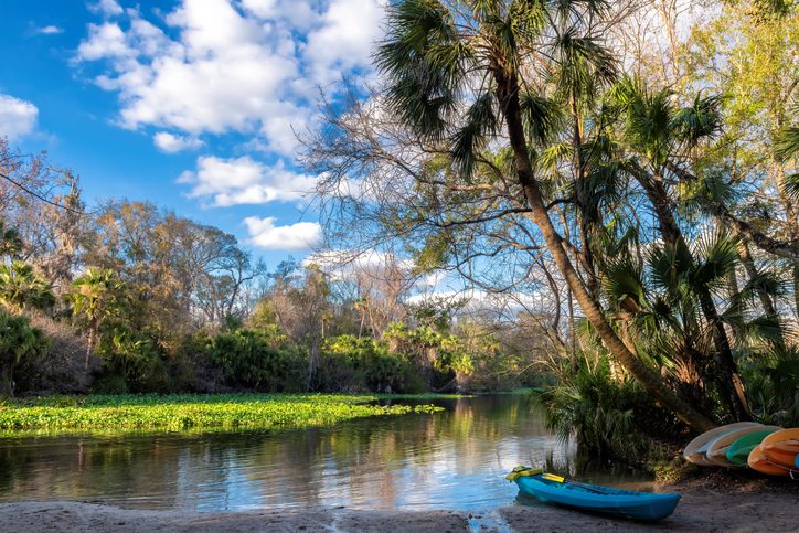 Canoes in lake surrounded by tropical trees at sunset in Wekiwa Springs State Park, Florida, USA.